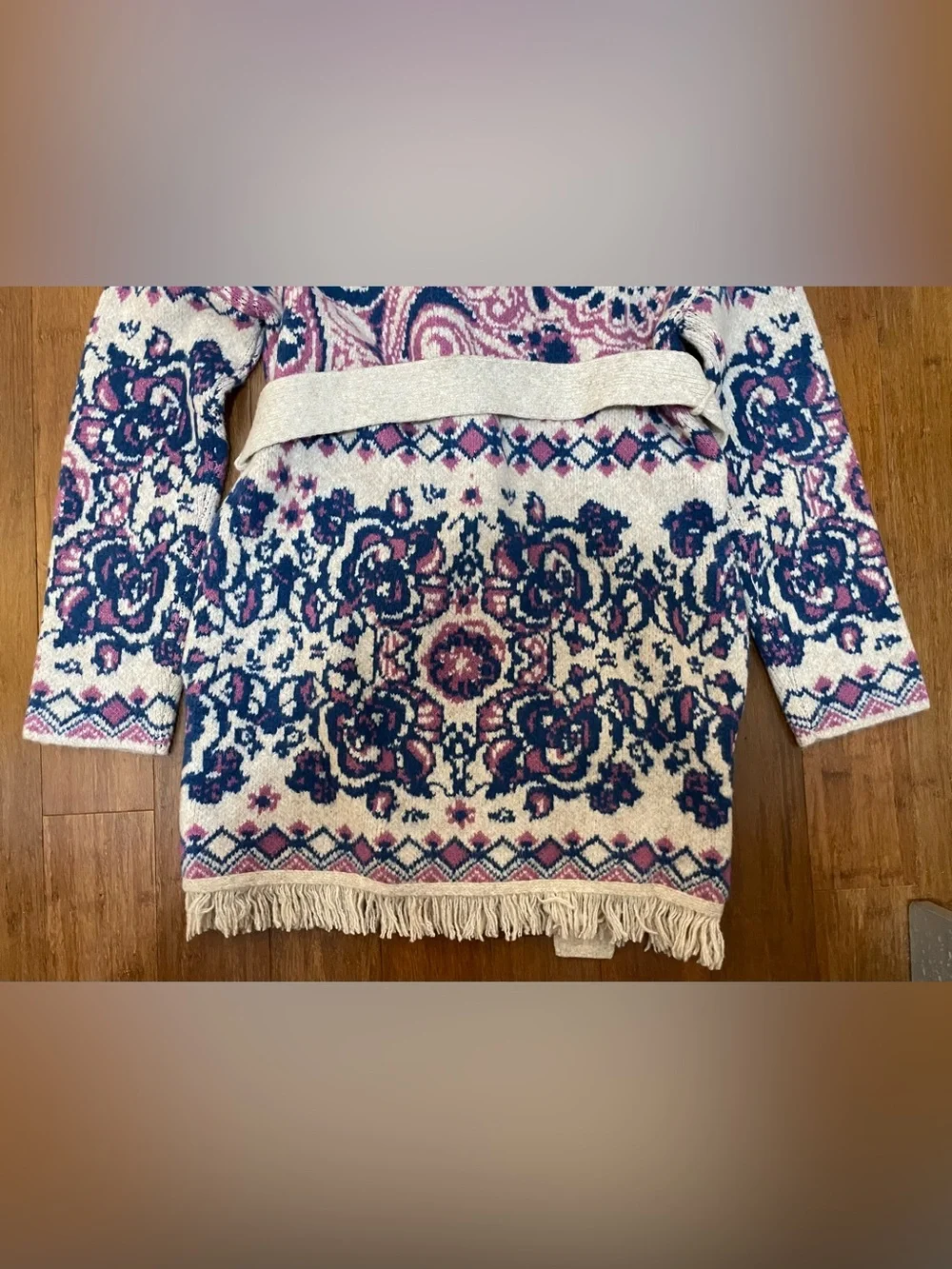 Hale Bob Sweater Jacket S Fringed HaisleyPink Blue Spectacular Cardigan